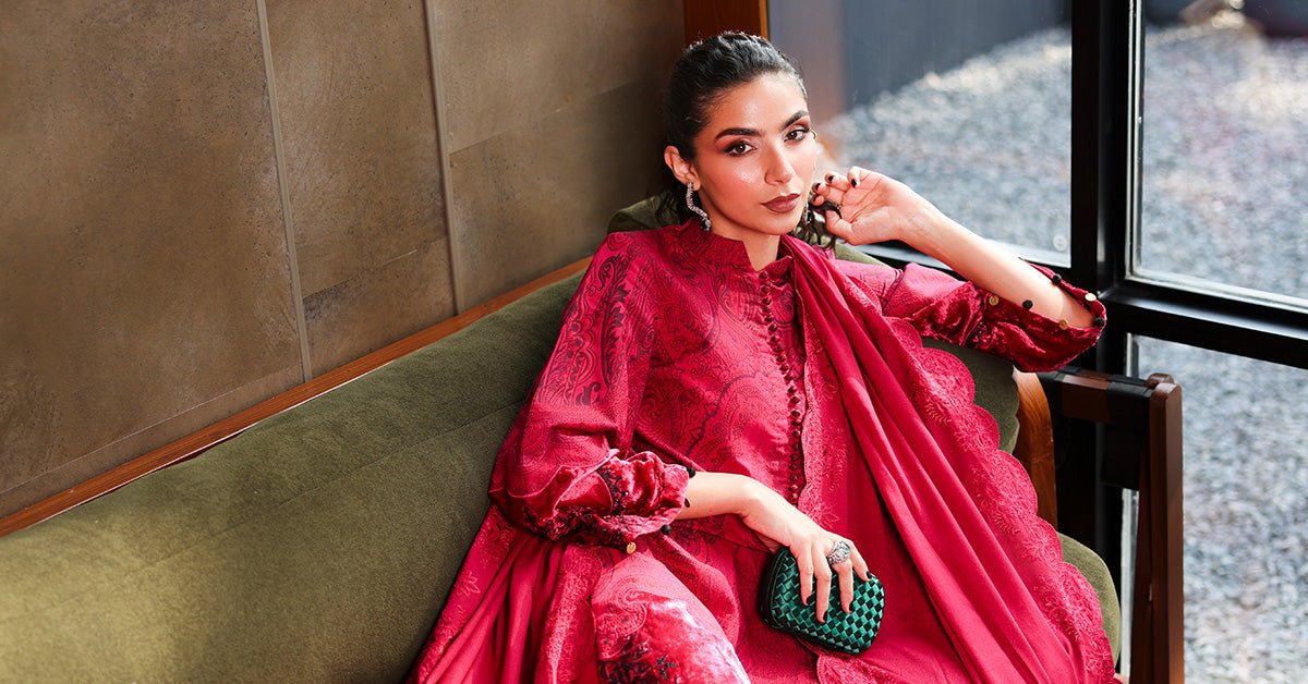 Maria B | RTW | 3 Piece Embroidered Cotton Jacquard Suit-Brand:Maria B-Type:Luxury Pret-Red - House of Maryam- Buy in UK, USA