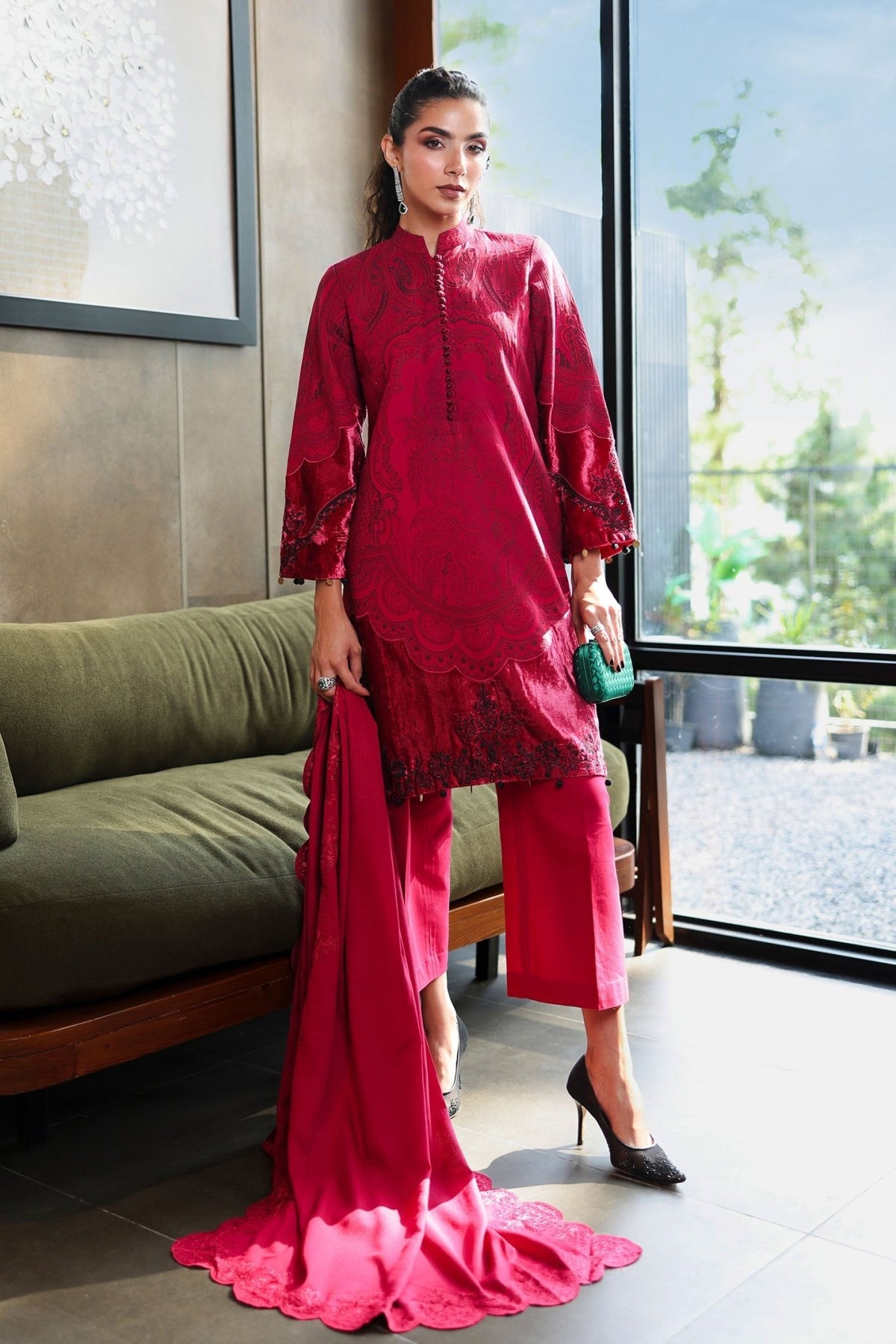 Maria B | RTW | 3 Piece Embroidered Cotton Jacquard Suit-Brand:Maria B-Type:Luxury Pret-Red - House of Maryam- Buy in UK, USA
