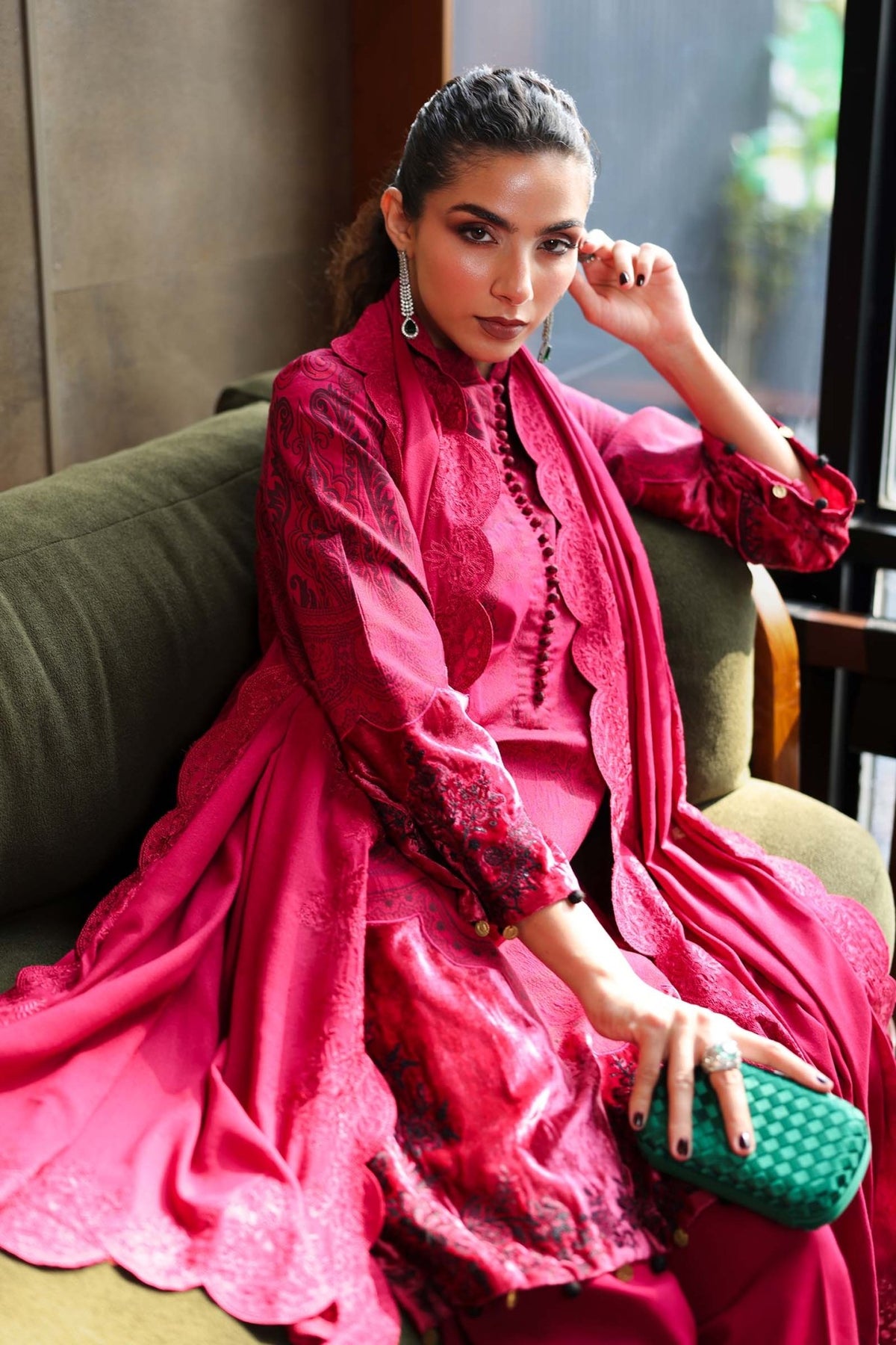Maria B | RTW | 3 Piece Embroidered Cotton Jacquard Suit-Brand:Maria B-Type:Luxury Pret-Red - House of Maryam- Buy in UK, USA