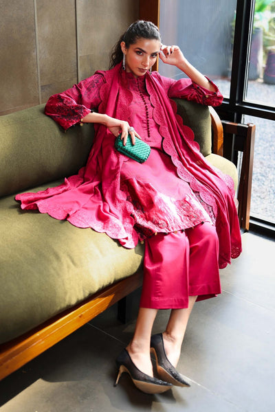 Maria B | RTW | 3 Piece Embroidered Cotton Jacquard Suit-Brand:Maria B-Type:Luxury Pret-Red - House of Maryam- Buy in UK, USA