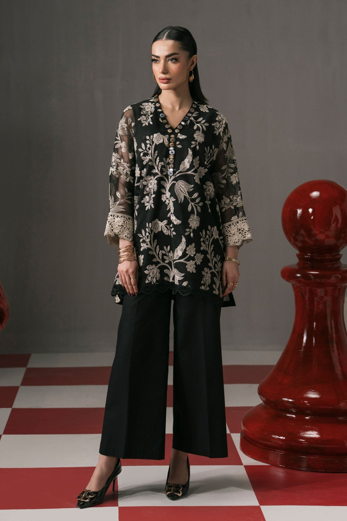 Maria B | RTW | 3 Piece Embroidered Cotton Net Suit-Brand:Maria B-Type:Luxury Pret-Black - House of Maryam- Buy in UK, USA