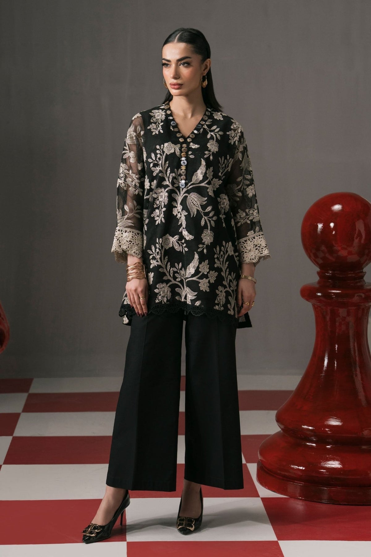 Maria B | RTW | 3 Piece Embroidered Cotton Net Suit-Brand:Maria B-Type:Luxury Pret-Black - House of Maryam- Buy in UK, USA