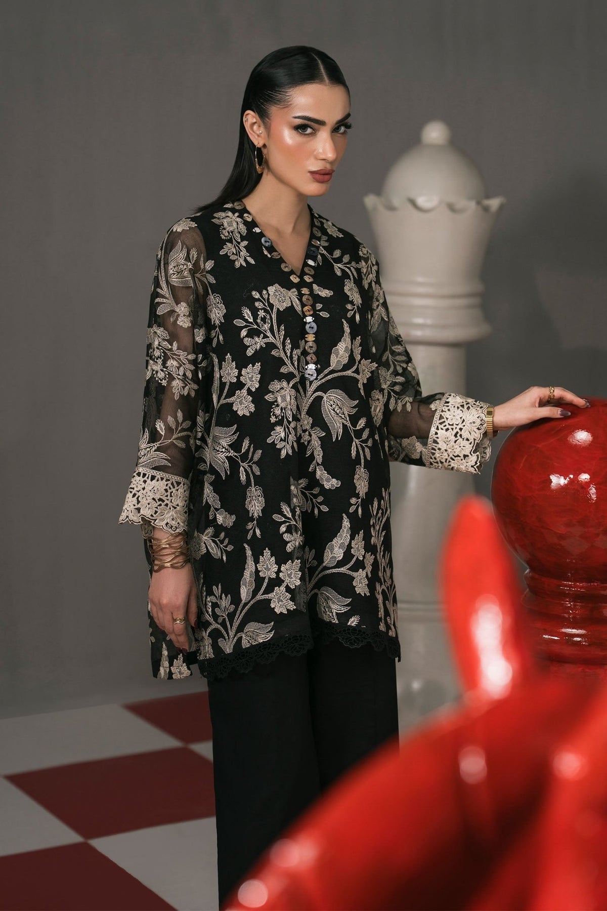 Maria B | RTW | 3 Piece Embroidered Cotton Net Suit-Brand:Maria B-Type:Luxury Pret-Black - House of Maryam- Buy in UK, USA