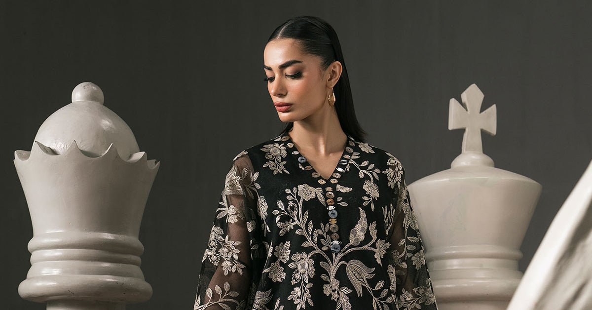 Maria B | RTW | 3 Piece Embroidered Cotton Net Suit-Brand:Maria B-Type:Luxury Pret-Black - House of Maryam- Buy in UK, USA