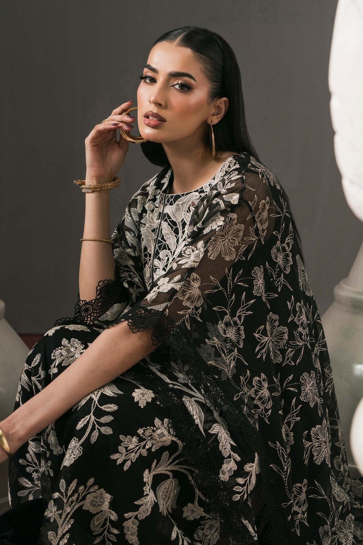 Maria B | RTW | 3 Piece Embroidered Cotton Net Suit-Brand:Maria B-Type:Luxury Pret-Black - House of Maryam- Buy in UK, USA