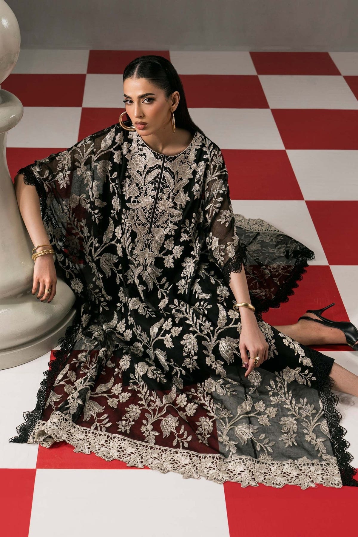 Maria B | RTW | 3 Piece Embroidered Cotton Net Suit-Brand:Maria B-Type:Luxury Pret-Black - House of Maryam- Buy in UK, USA