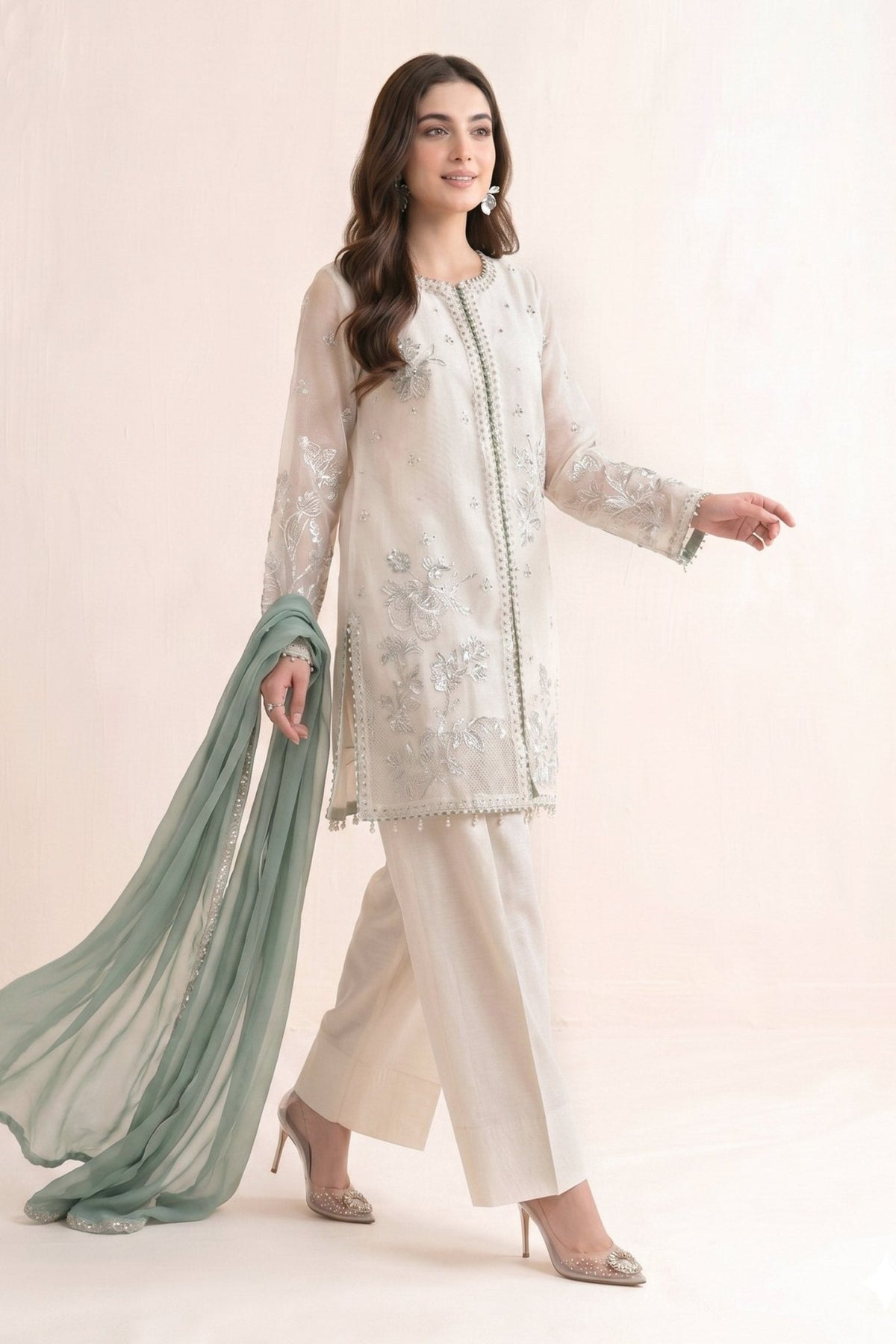 Maria B | RTW | 3 Piece Embroidered Cotton Net Suit-Brand:Maria B-Type:Luxury Pret-White - House of Maryam- Buy in UK, USA
