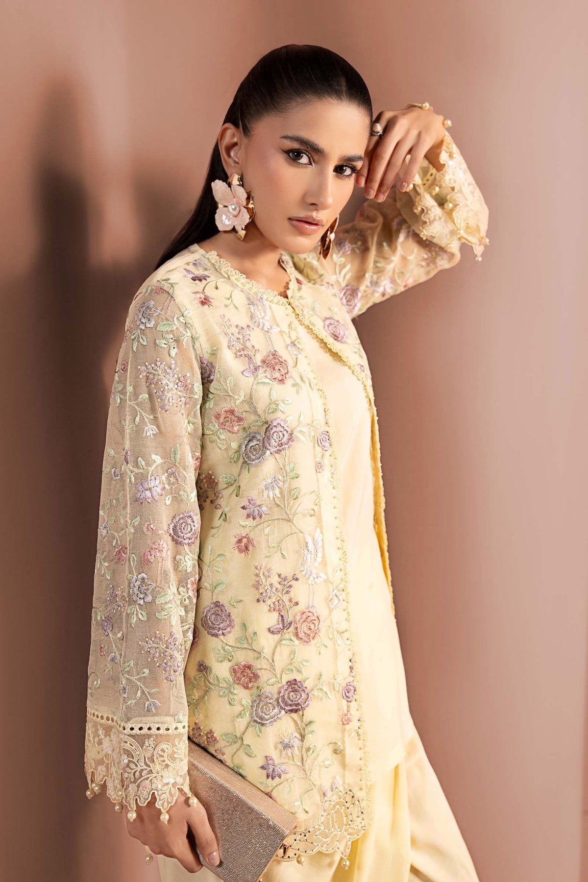 Maria B | RTW | 3 Piece Embroidered Cotton Net Suit-Brand:Maria B-Type:Luxury Pret-Yellow - House of Maryam- Buy in UK, USA