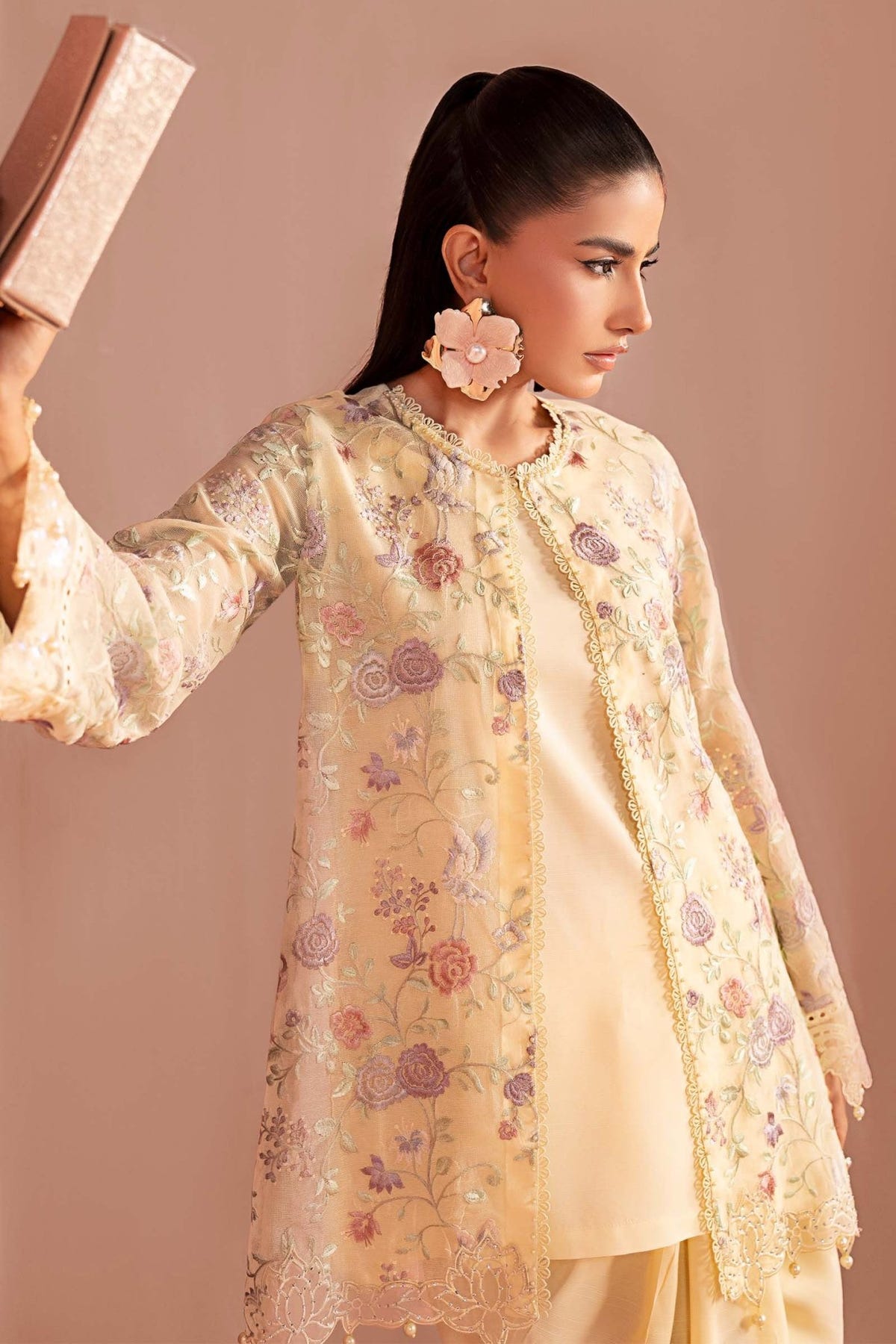 Maria B | RTW | 3 Piece Embroidered Cotton Net Suit-Brand:Maria B-Type:Luxury Pret-Yellow - House of Maryam- Buy in UK, USA