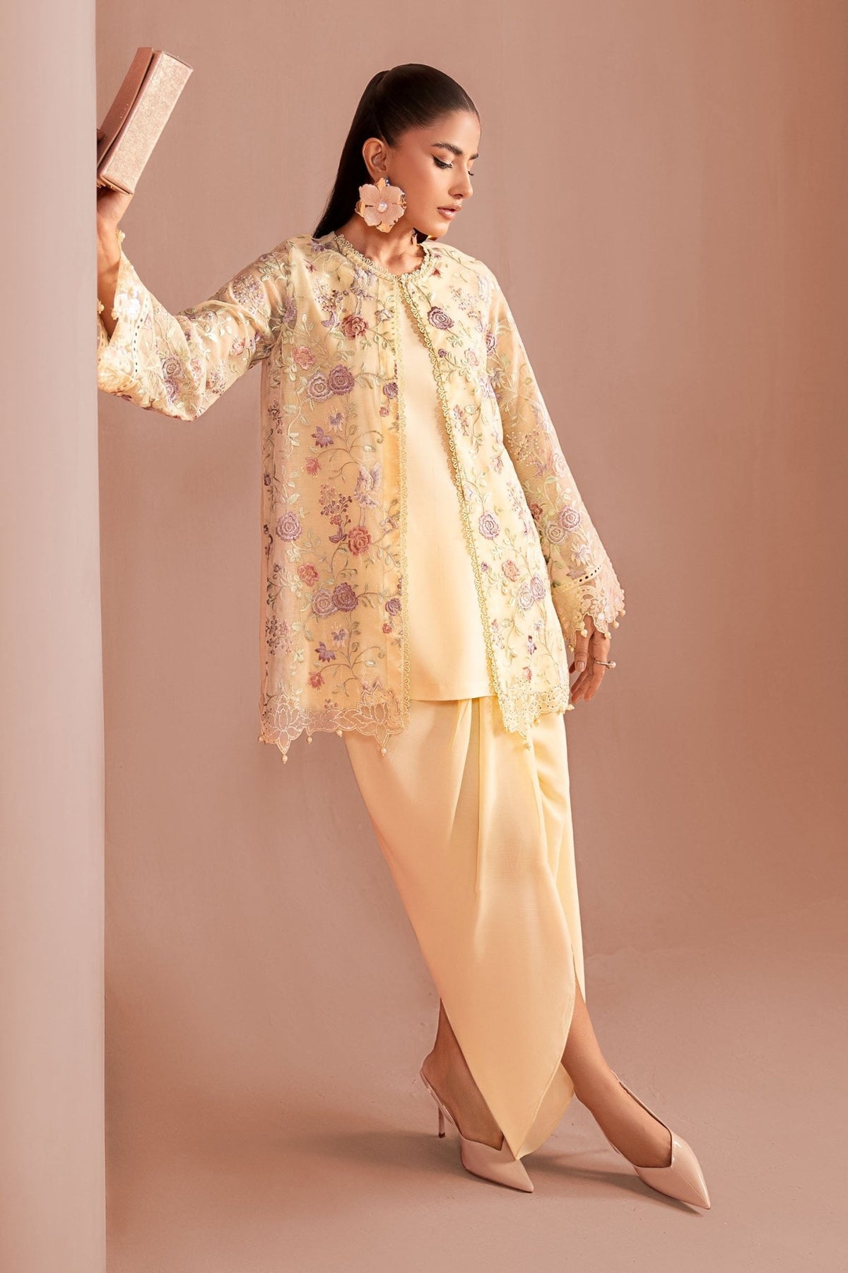 Maria B | RTW | 3 Piece Embroidered Cotton Net Suit-Brand:Maria B-Type:Luxury Pret-Yellow - House of Maryam- Buy in UK, USA