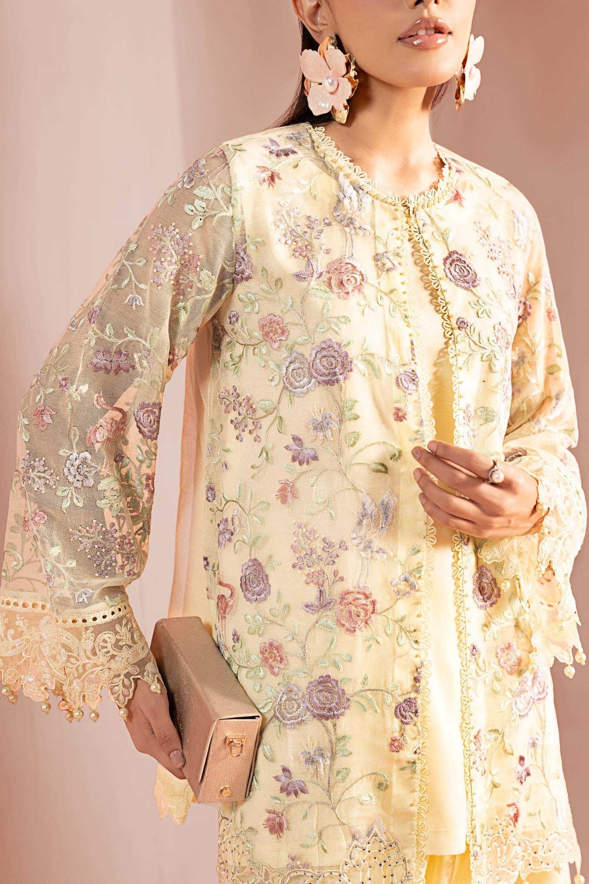 Maria B | RTW | 3 Piece Embroidered Cotton Net Suit-Brand:Maria B-Type:Luxury Pret-Yellow - House of Maryam- Buy in UK, USA