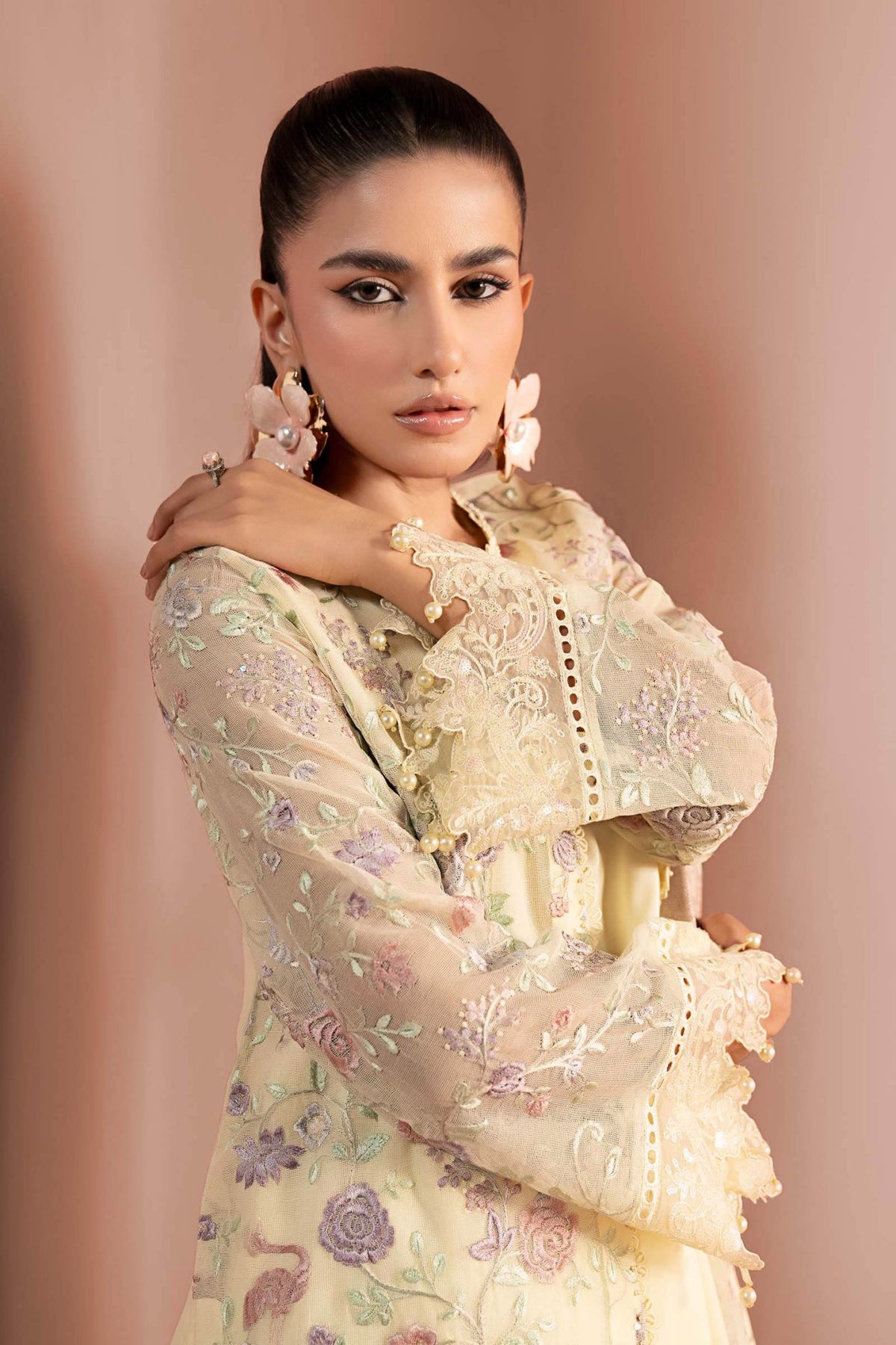 Maria B | RTW | 3 Piece Embroidered Cotton Net Suit-Brand:Maria B-Type:Luxury Pret-Yellow - House of Maryam- Buy in UK, USA