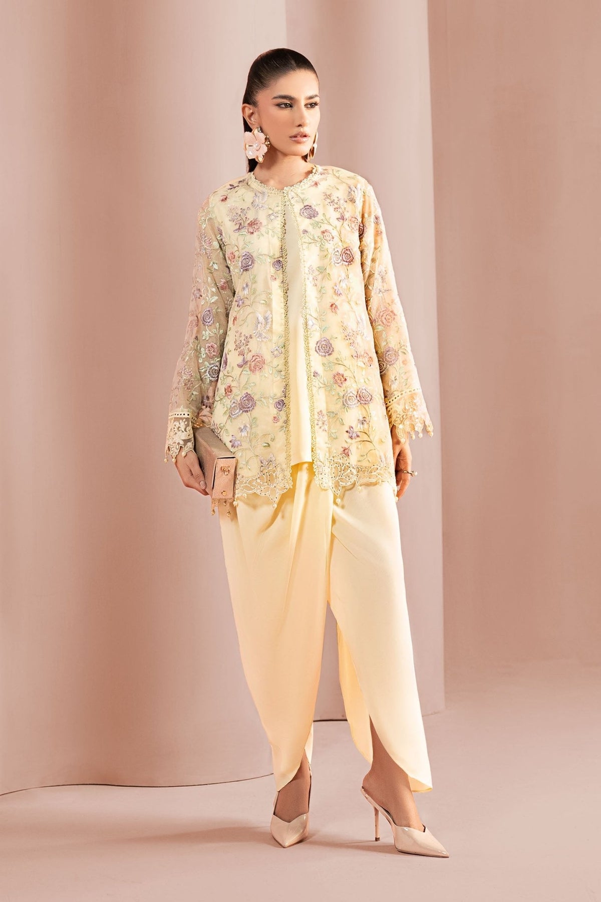 Maria B | RTW | 3 Piece Embroidered Cotton Net Suit-Brand:Maria B-Type:Luxury Pret-Yellow - House of Maryam- Buy in UK, USA
