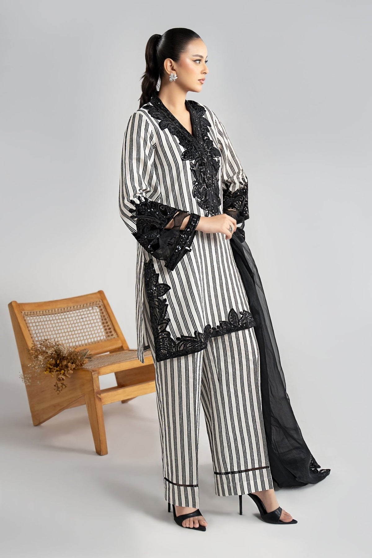 Maria B | RTW | 3 Piece Embroidered Cotton Velvet Suit-Brand:Maria B-Type:Luxury Pret-Black - House of Maryam- Buy in UK, USA