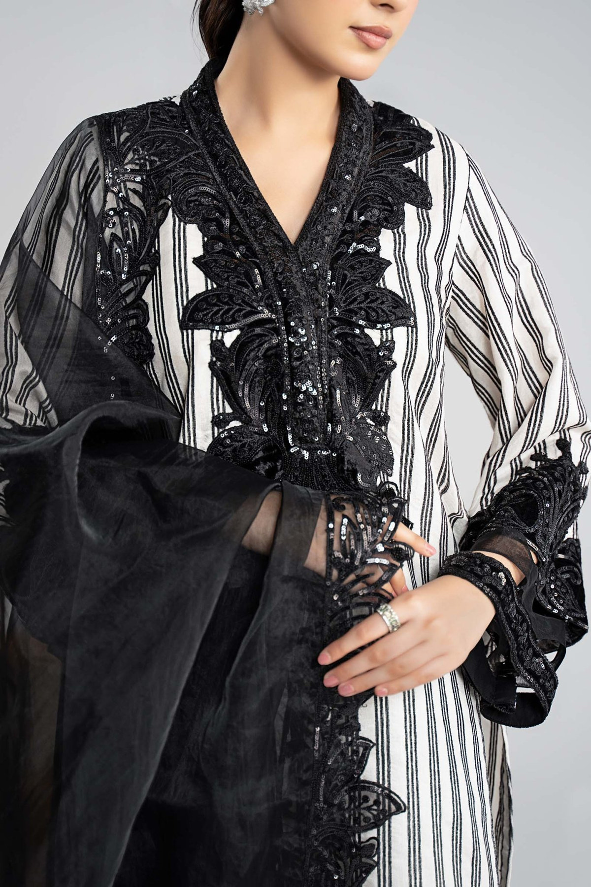 Maria B | RTW | 3 Piece Embroidered Cotton Velvet Suit-Brand:Maria B-Type:Luxury Pret-Black - House of Maryam- Buy in UK, USA