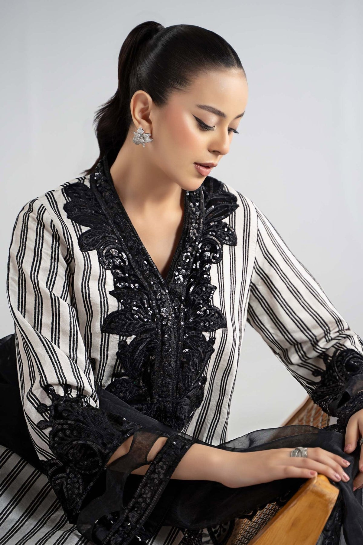 Maria B | RTW | 3 Piece Embroidered Cotton Velvet Suit-Brand:Maria B-Type:Luxury Pret-Black - House of Maryam- Buy in UK, USA