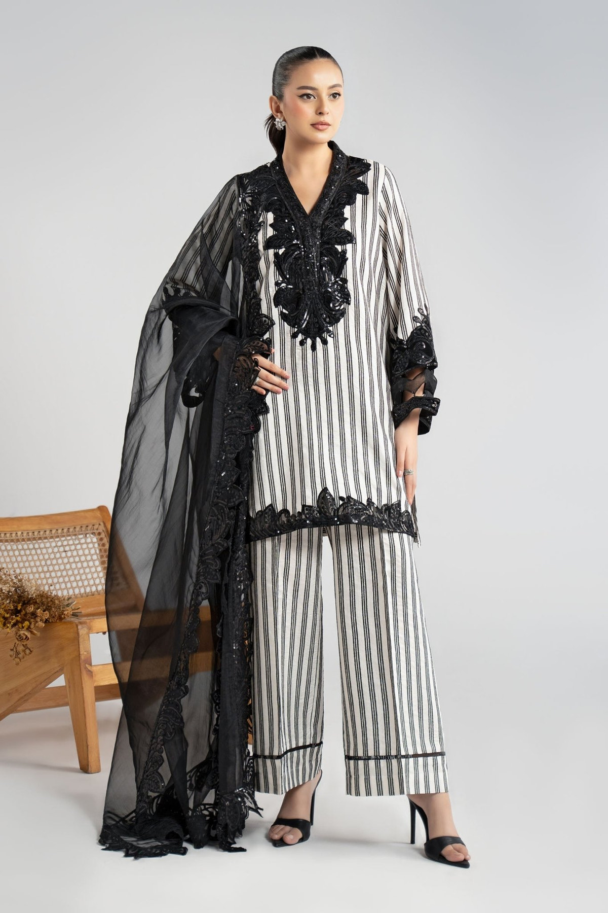 Maria B | RTW | 3 Piece Embroidered Cotton Velvet Suit-Brand:Maria B-Type:Luxury Pret-Black - House of Maryam- Buy in UK, USA