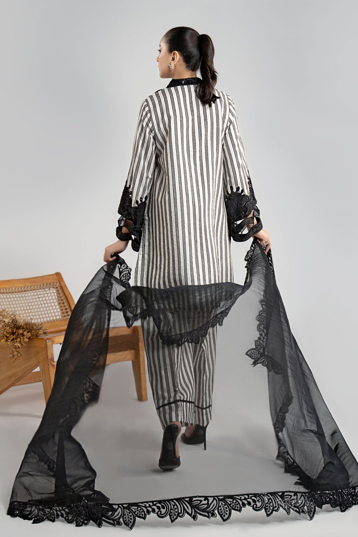 Maria B | RTW | 3 Piece Embroidered Cotton Velvet Suit-Brand:Maria B-Type:Luxury Pret-Black - House of Maryam- Buy in UK, USA