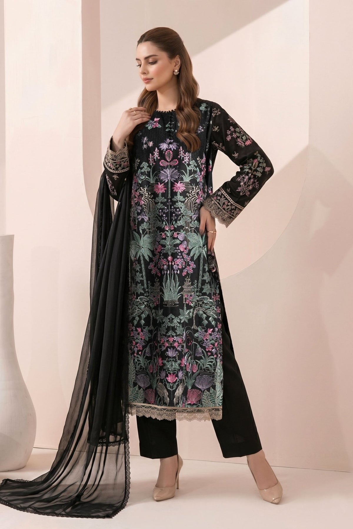 Maria B | RTW | 3 Piece Embroidered Dobby Jacquard Suit-Brand:Maria B-Type:Luxury Pret-Black - House of Maryam- Buy in UK, USA