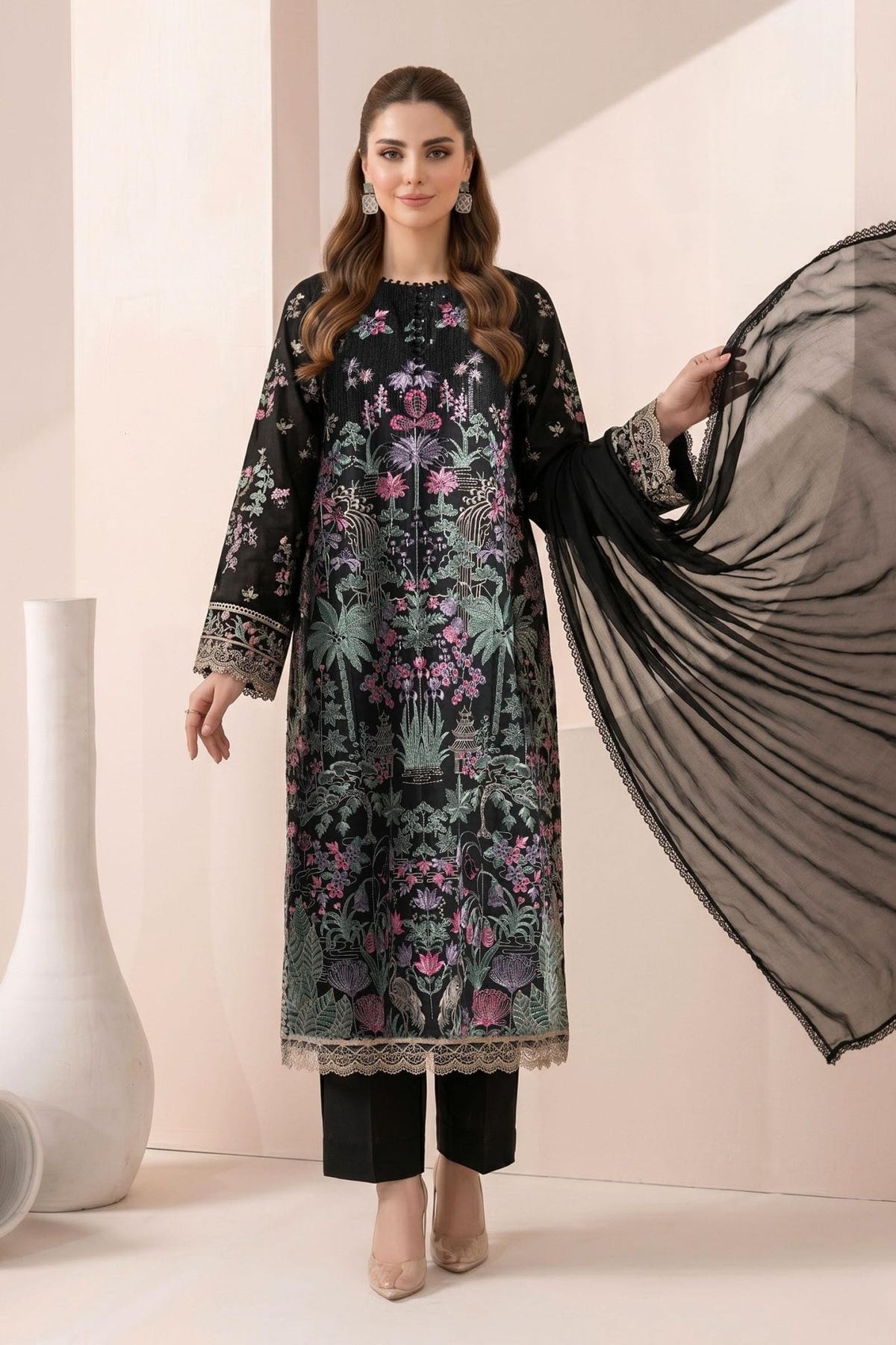 Maria B | RTW | 3 Piece Embroidered Dobby Jacquard Suit-Brand:Maria B-Type:Luxury Pret-Black - House of Maryam- Buy in UK, USA