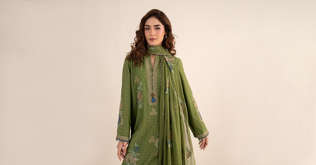 Maria B | RTW | 3 Piece Embroidered Dobby Jacquard Suit-Brand:Maria B-Type:Luxury Pret-Green - House of Maryam- Buy in UK, USA