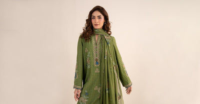 Maria B | RTW | 3 Piece Embroidered Dobby Jacquard Suit-Brand:Maria B-Type:Luxury Pret-Green - House of Maryam- Buy in UK, USA