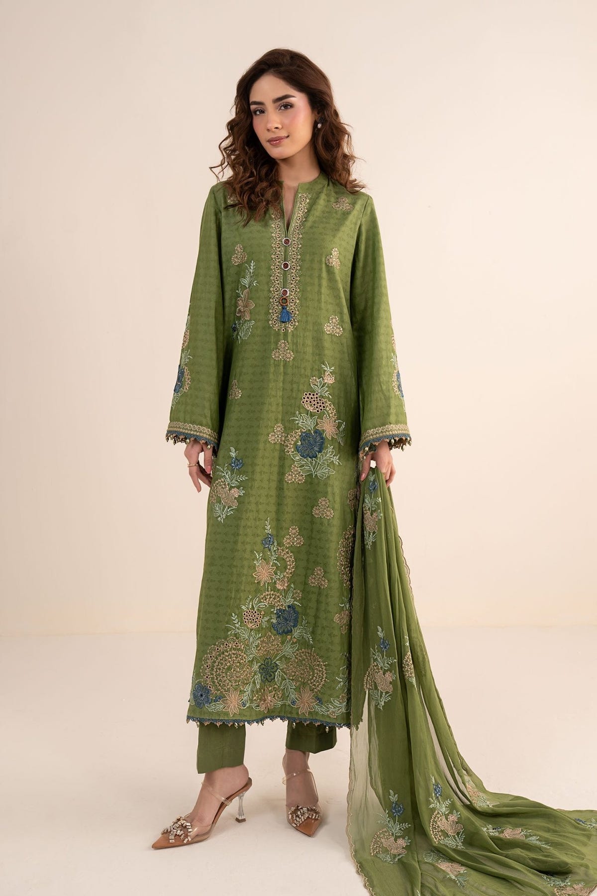 Maria B | RTW | 3 Piece Embroidered Dobby Jacquard Suit-Brand:Maria B-Type:Luxury Pret-Green - House of Maryam- Buy in UK, USA