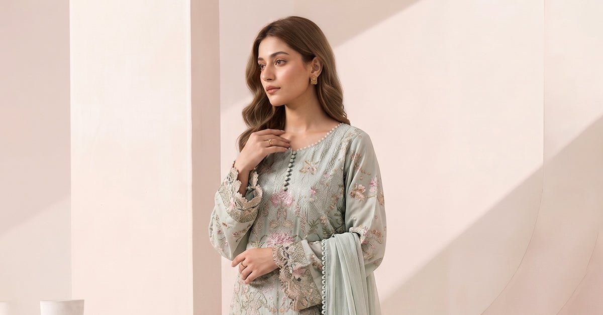 Maria B | RTW | 3 Piece Embroidered Dobby Jacquard Suit-Brand:Maria B-Type:Luxury Pret-Green - House of Maryam- Buy in UK, USA