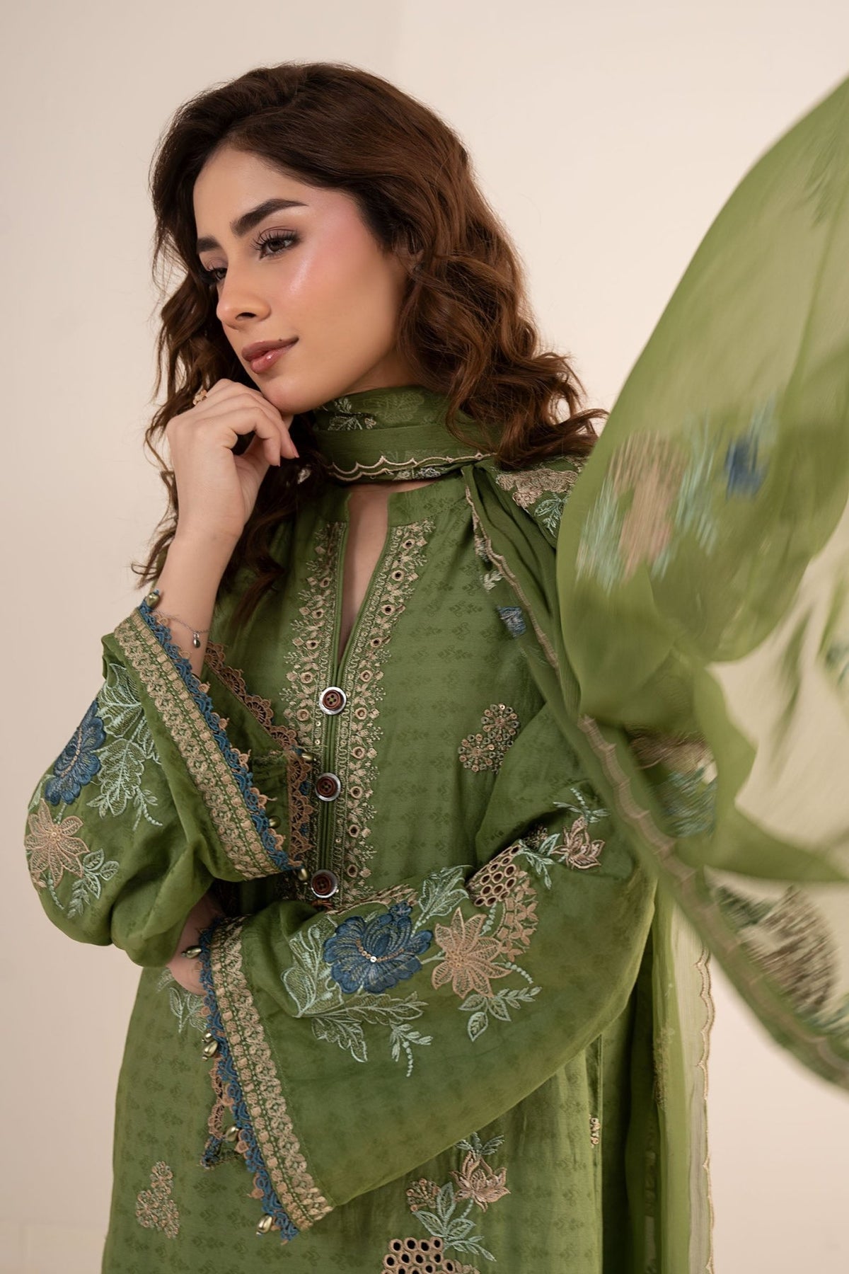 Maria B | RTW | 3 Piece Embroidered Dobby Jacquard Suit-Brand:Maria B-Type:Luxury Pret-Green - House of Maryam- Buy in UK, USA
