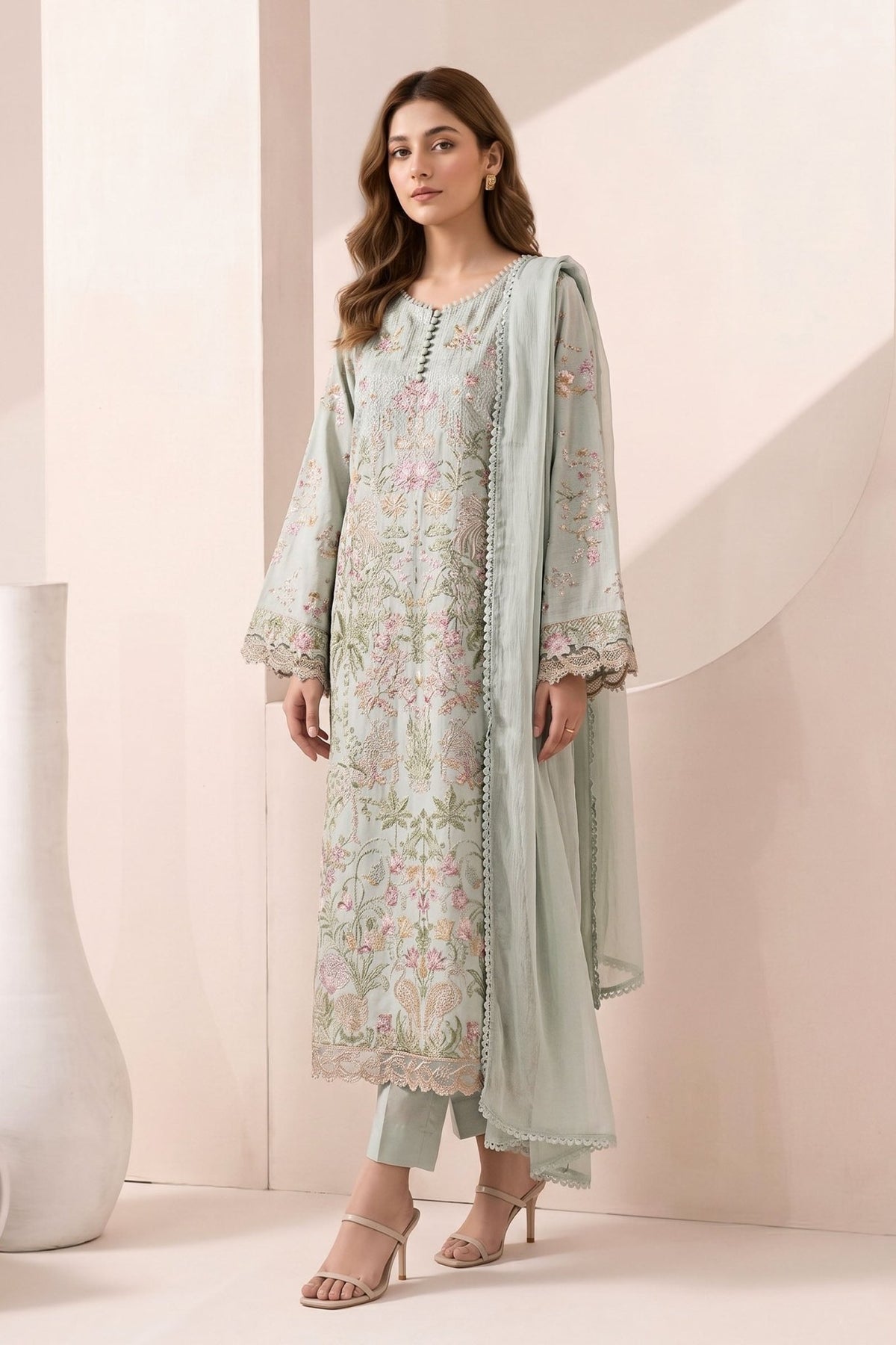 Maria B | RTW | 3 Piece Embroidered Dobby Jacquard Suit-Brand:Maria B-Type:Luxury Pret-Green - House of Maryam- Buy in UK, USA