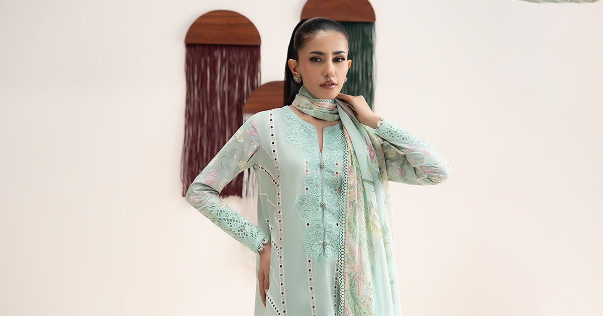 Maria B | RTW | 3 Piece Embroidered Dobby Jacquard Suit-Brand:Maria B-Type:Luxury Pret-Green - House of Maryam- Buy in UK, USA