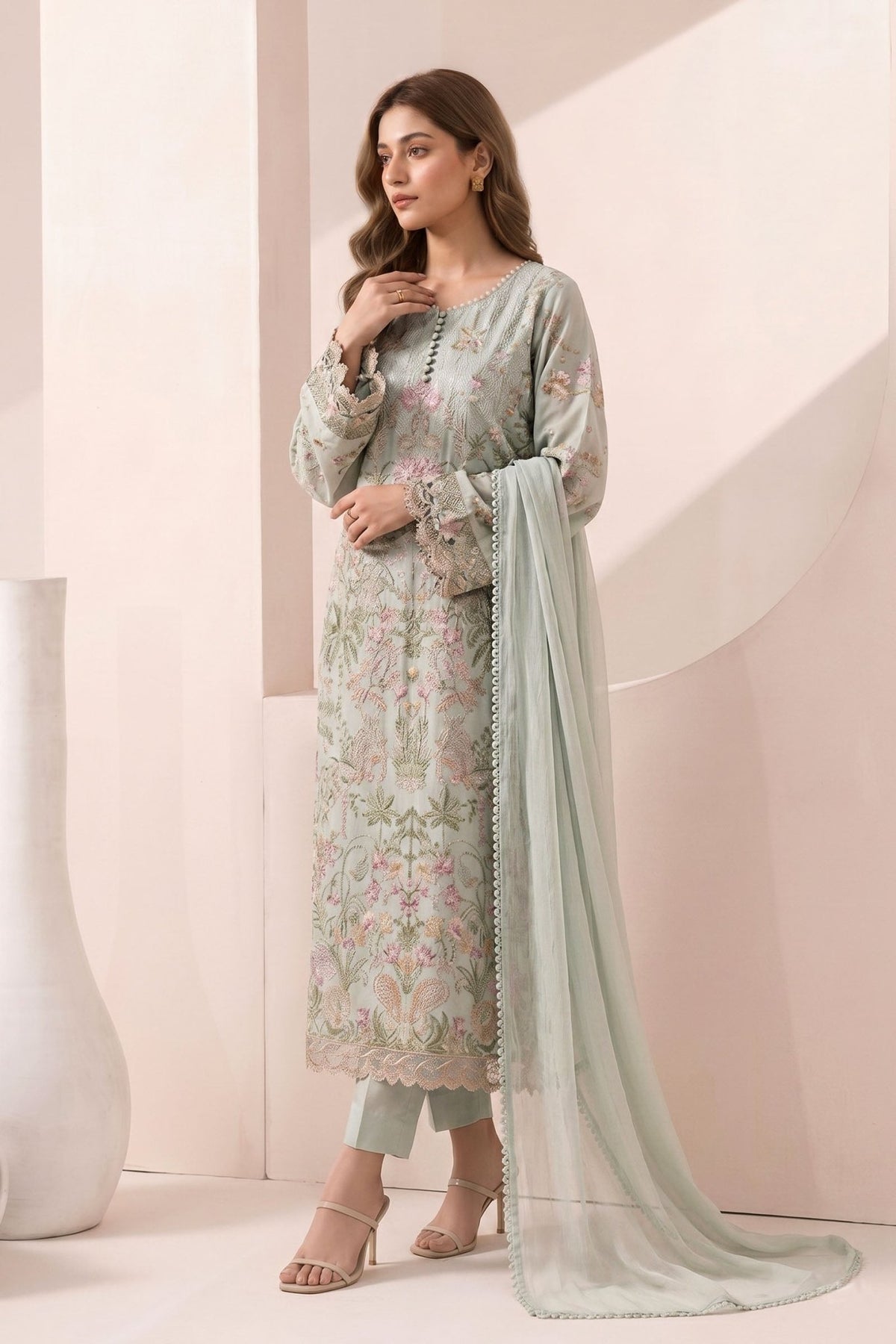 Maria B | RTW | 3 Piece Embroidered Dobby Jacquard Suit-Brand:Maria B-Type:Luxury Pret-Green - House of Maryam- Buy in UK, USA
