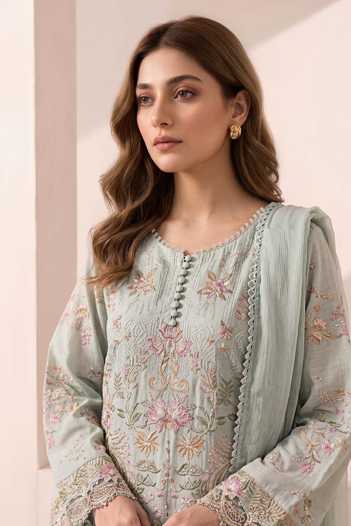 Maria B | RTW | 3 Piece Embroidered Dobby Jacquard Suit-Brand:Maria B-Type:Luxury Pret-Green - House of Maryam- Buy in UK, USA