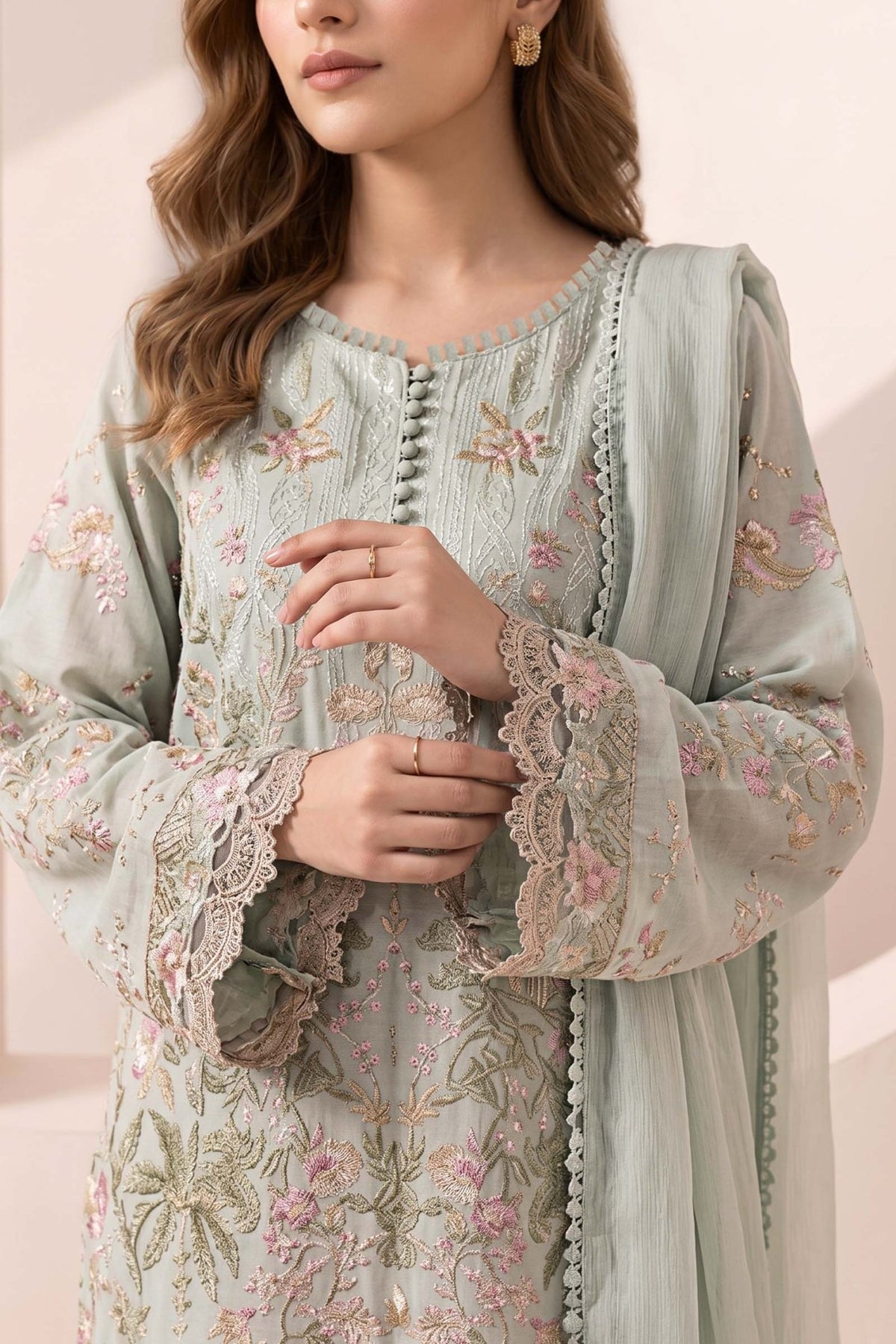 Maria B | RTW | 3 Piece Embroidered Dobby Jacquard Suit-Brand:Maria B-Type:Luxury Pret-Green - House of Maryam- Buy in UK, USA