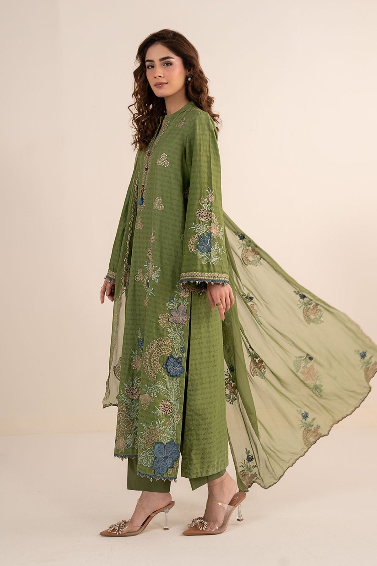 Maria B | RTW | 3 Piece Embroidered Dobby Jacquard Suit-Brand:Maria B-Type:Luxury Pret-Green - House of Maryam- Buy in UK, USA