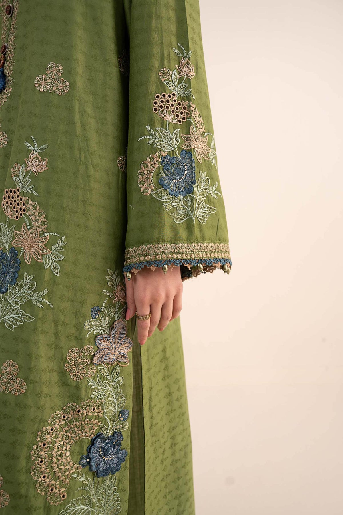 Maria B | RTW | 3 Piece Embroidered Dobby Jacquard Suit-Brand:Maria B-Type:Luxury Pret-Green - House of Maryam- Buy in UK, USA