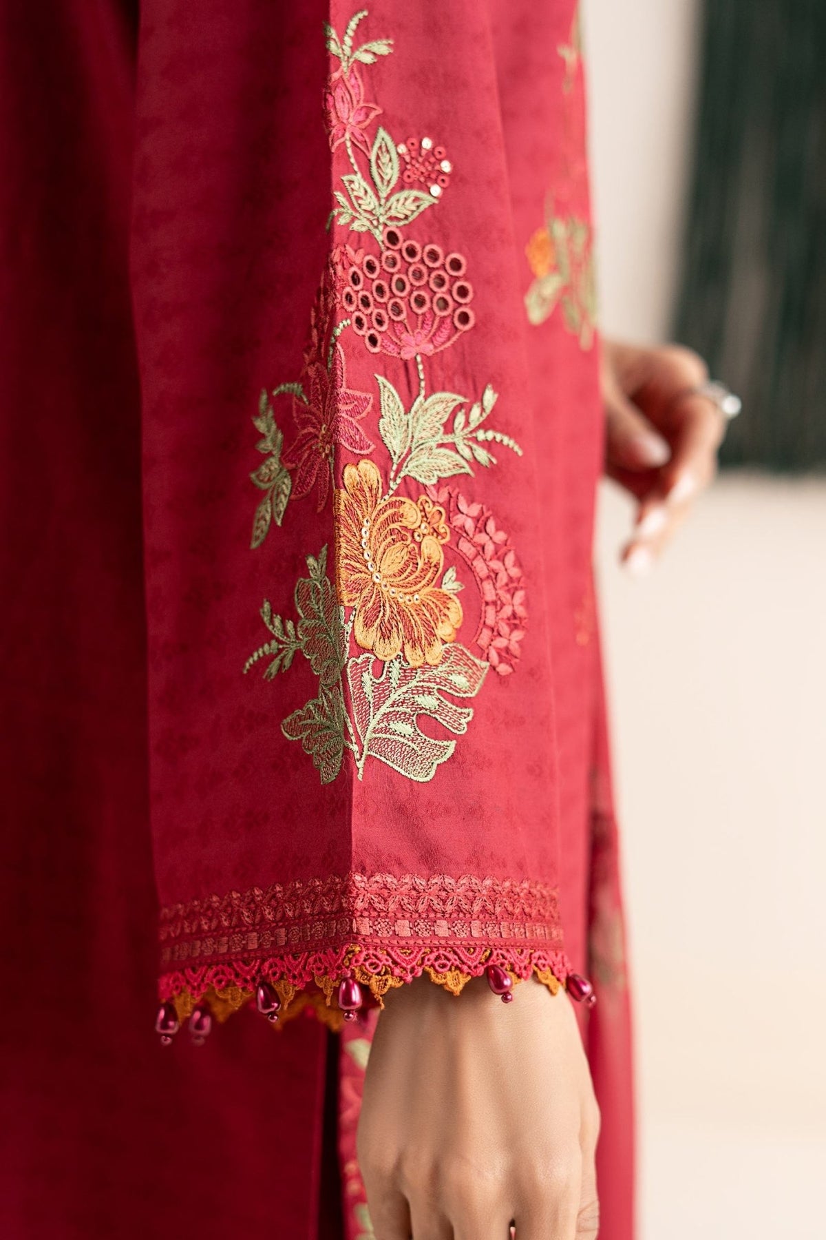 Maria B | RTW | 3 Piece Embroidered Dobby Jacquard Suit-Brand:Maria B-Type:Luxury Pret-Red - House of Maryam- Buy in UK, USA