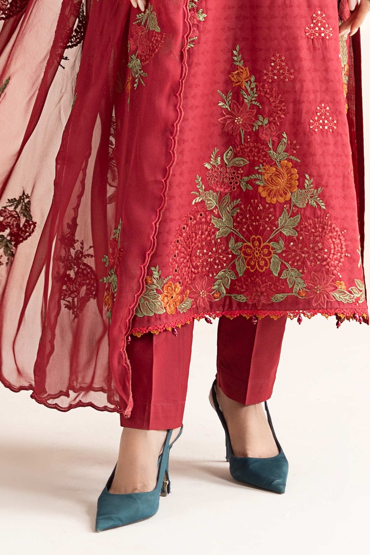 Maria B | RTW | 3 Piece Embroidered Dobby Jacquard Suit-Brand:Maria B-Type:Luxury Pret-Red - House of Maryam- Buy in UK, USA