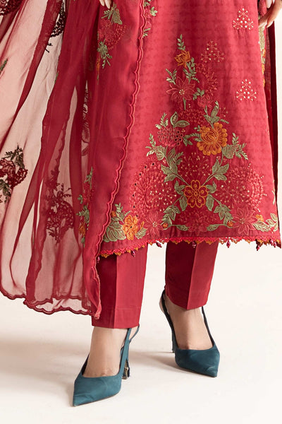 Maria B | RTW | 3 Piece Embroidered Dobby Jacquard Suit-Brand:Maria B-Type:Luxury Pret-Red - House of Maryam- Buy in UK, USA