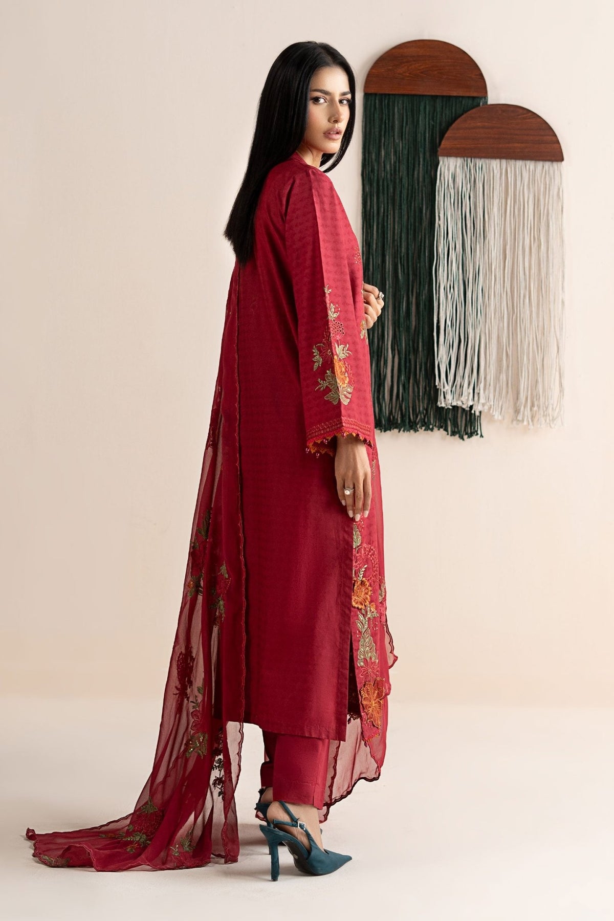 Maria B | RTW | 3 Piece Embroidered Dobby Jacquard Suit-Brand:Maria B-Type:Luxury Pret-Red - House of Maryam- Buy in UK, USA