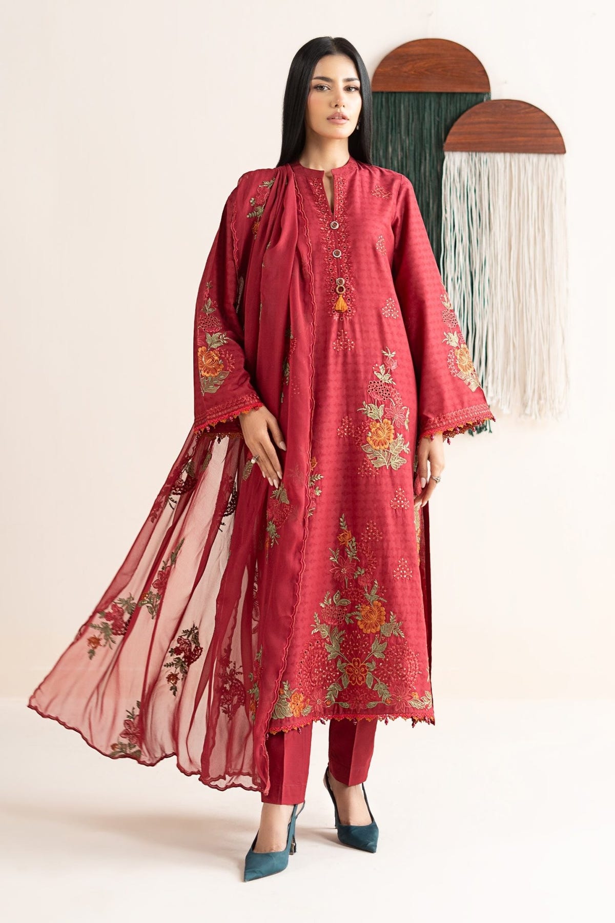 Maria B | RTW | 3 Piece Embroidered Dobby Jacquard Suit-Brand:Maria B-Type:Luxury Pret-Red - House of Maryam- Buy in UK, USA