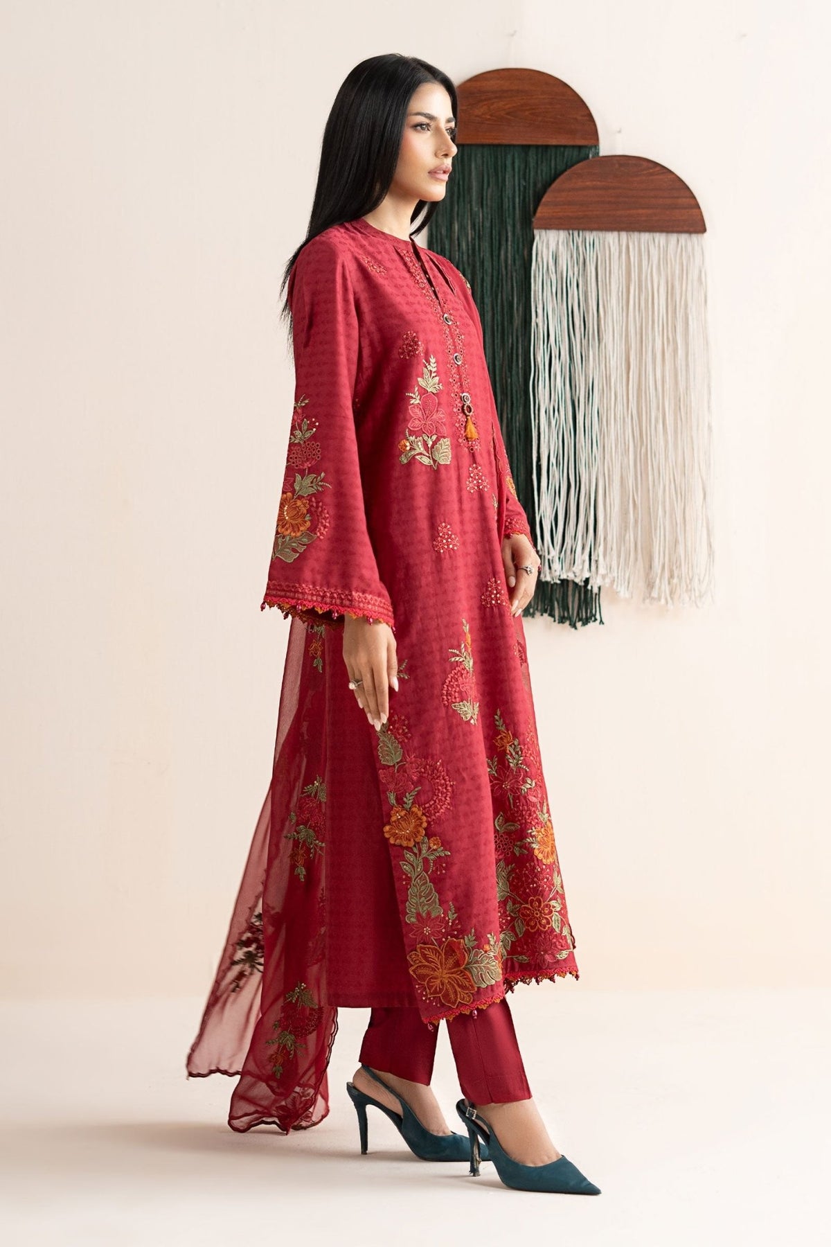 Maria B | RTW | 3 Piece Embroidered Dobby Jacquard Suit-Brand:Maria B-Type:Luxury Pret-Red - House of Maryam- Buy in UK, USA