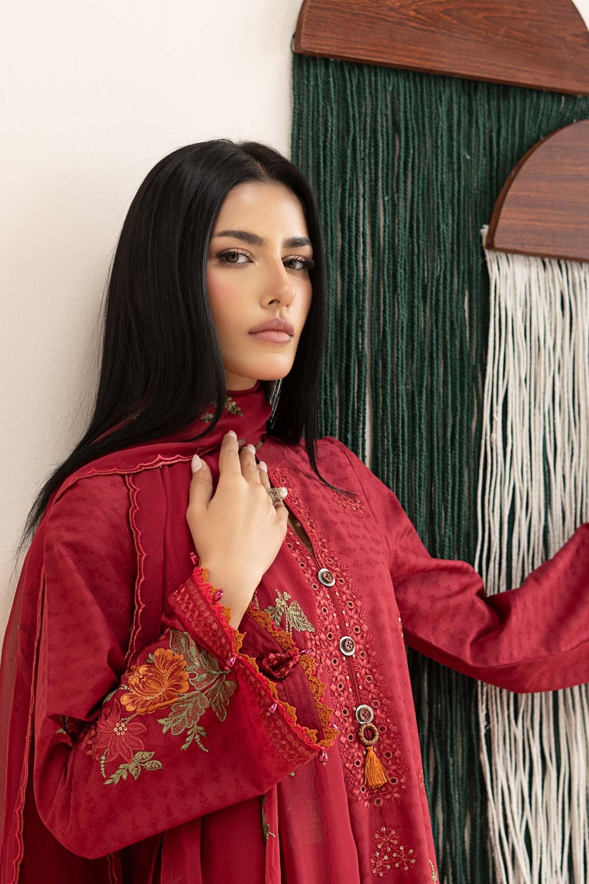 Maria B | RTW | 3 Piece Embroidered Dobby Jacquard Suit-Brand:Maria B-Type:Luxury Pret-Red - House of Maryam- Buy in UK, USA
