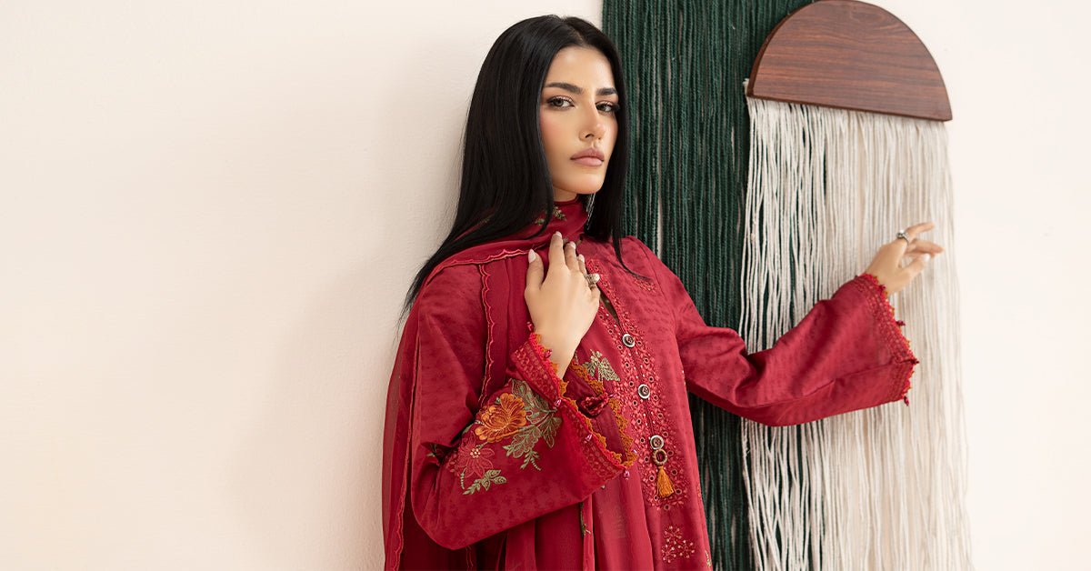 Maria B | RTW | 3 Piece Embroidered Dobby Jacquard Suit-Brand:Maria B-Type:Luxury Pret-Red - House of Maryam- Buy in UK, USA