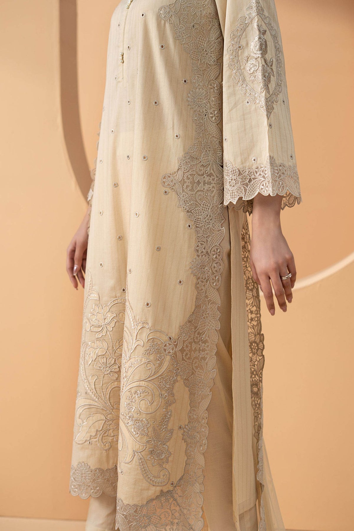 Maria B | RTW | 3 Piece Embroidered Dobby Lawn Suit-Brand:Maria B-Type:Luxury Pret-Beige - House of Maryam- Buy in UK, USA