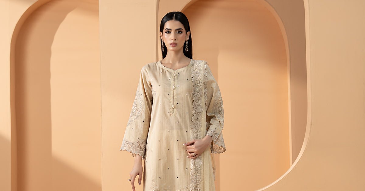 Maria B | RTW | 3 Piece Embroidered Dobby Lawn Suit-Brand:Maria B-Type:Luxury Pret-Beige - House of Maryam- Buy in UK, USA