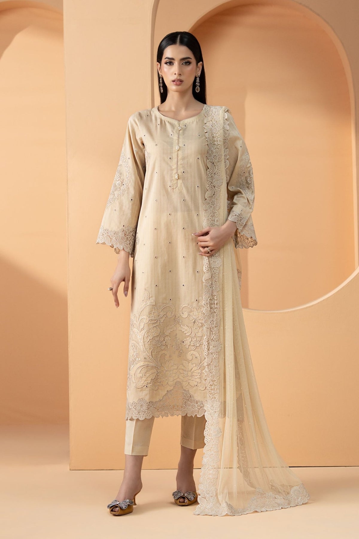 Maria B | RTW | 3 Piece Embroidered Dobby Lawn Suit-Brand:Maria B-Type:Luxury Pret-Beige - House of Maryam- Buy in UK, USA
