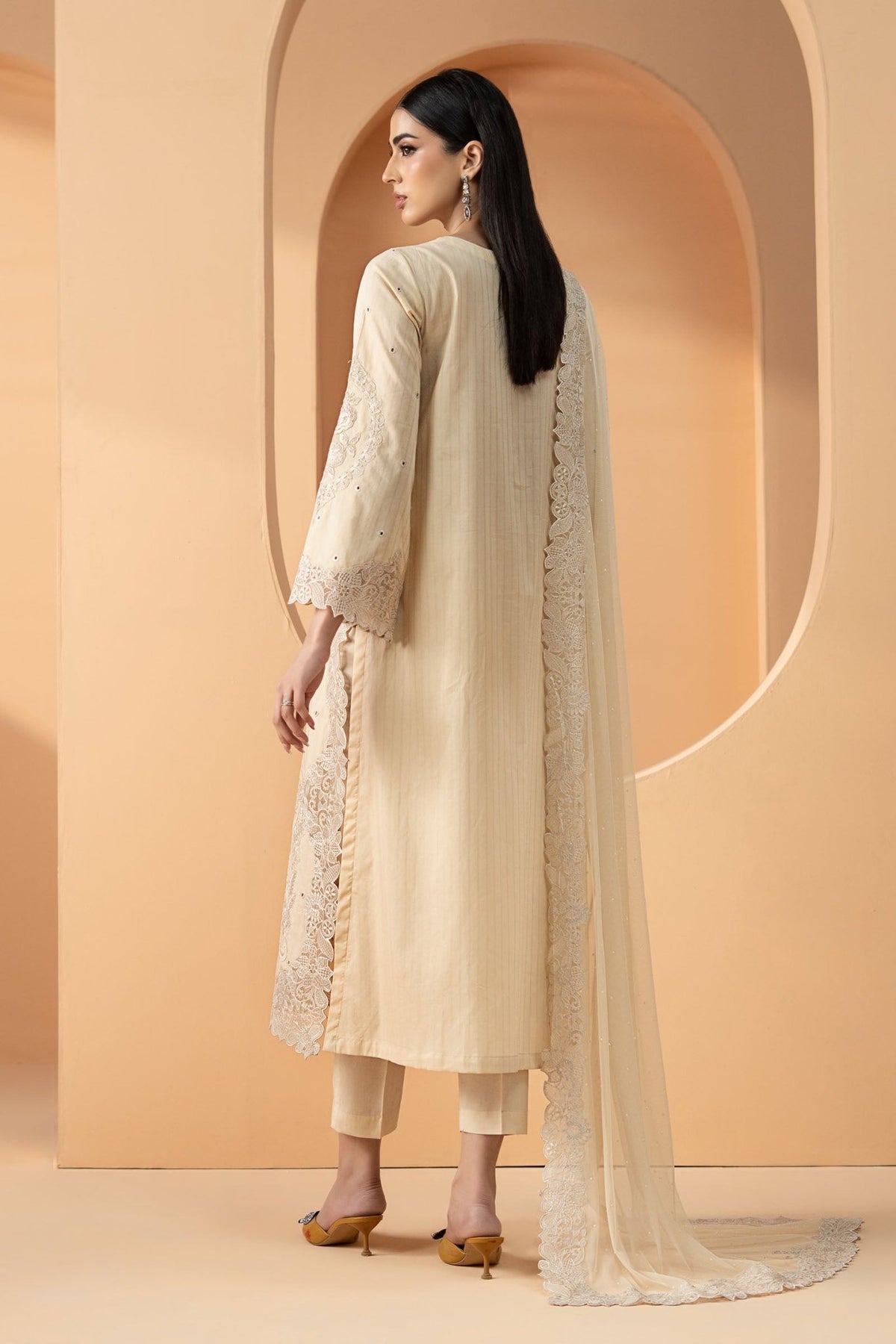 Maria B | RTW | 3 Piece Embroidered Dobby Lawn Suit-Brand:Maria B-Type:Luxury Pret-Beige - House of Maryam- Buy in UK, USA