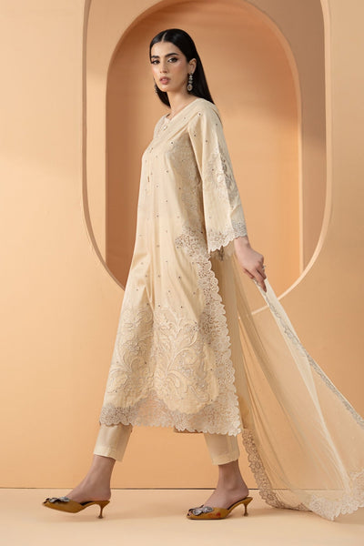 Maria B | RTW | 3 Piece Embroidered Dobby Lawn Suit-Brand:Maria B-Type:Luxury Pret-Beige - House of Maryam- Buy in UK, USA