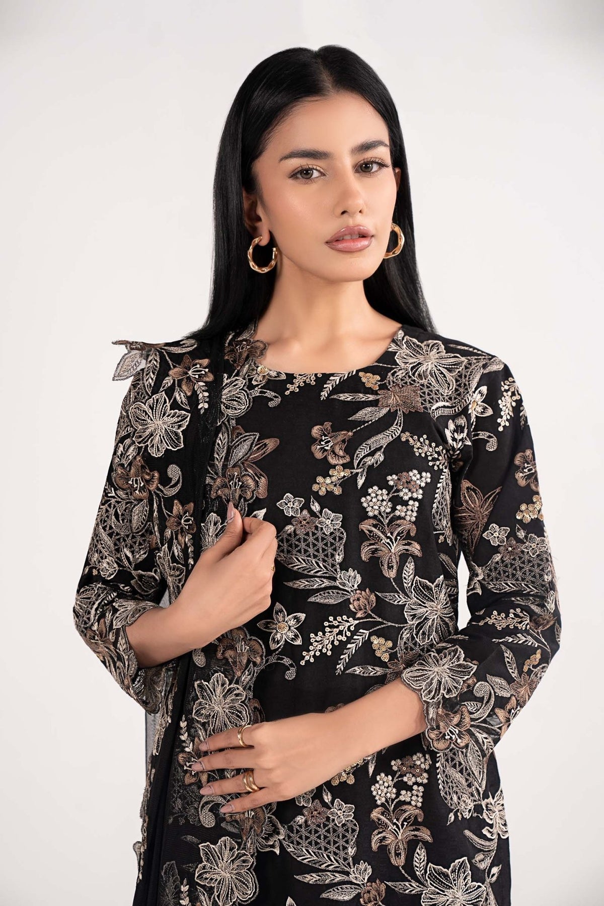 Maria B | RTW | 3 Piece Embroidered Dobby Lawn Suit-Brand:Maria B-Type:Luxury Pret-Black - House of Maryam- Buy in UK, USA
